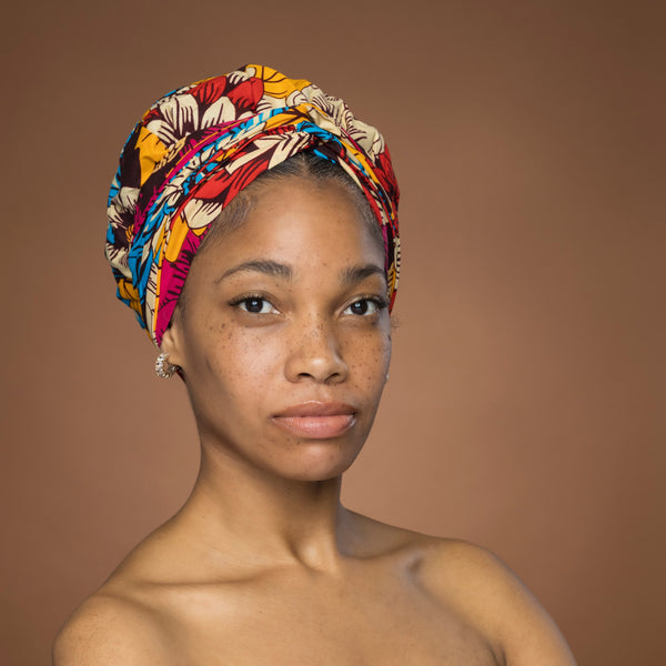 Turban facile - Bonnet en satin - Rouge & Bleu Fleurs