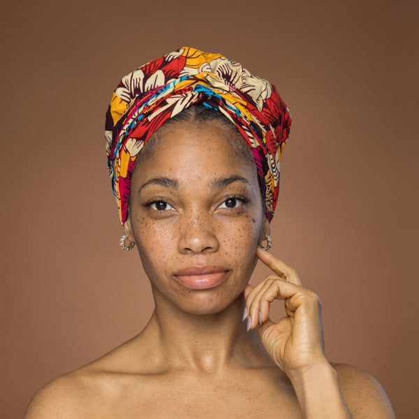 Turban facile - Bonnet en satin - Rouge & Bleu Fleurs