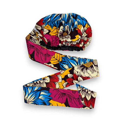 Turban facile - Bonnet en satin - Rouge & Bleu Fleurs