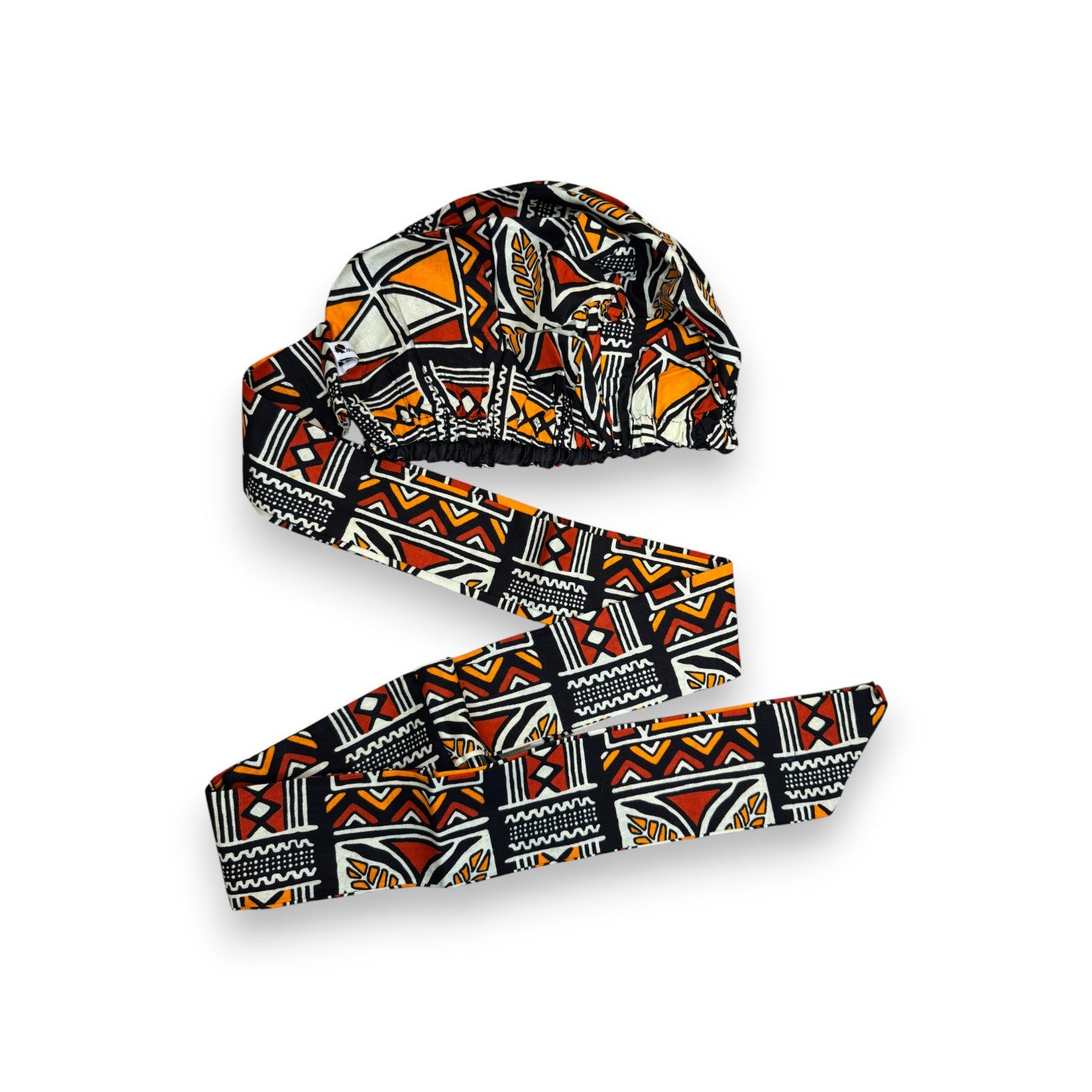 Turban facile - Bonnet en satin - Rouge & Orange Symboles Bogolan