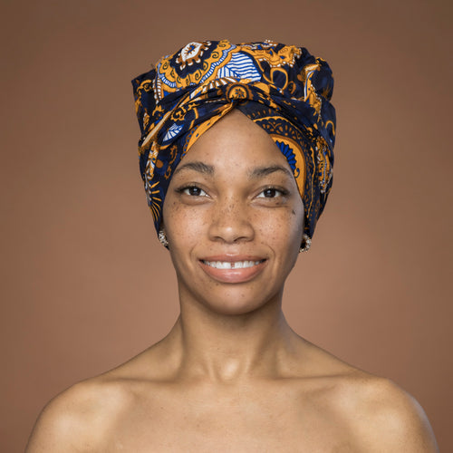 Turban facile - Bonnet en satin - Bleu Jaune Paisley