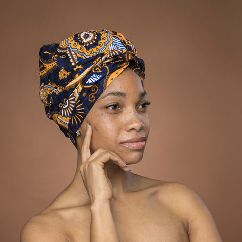 Turban facile - Bonnet en satin - Bleu Jaune Paisley