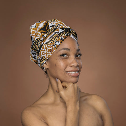 Turban facile - Bonnet en satin - Kaki Bogolan Mosaic