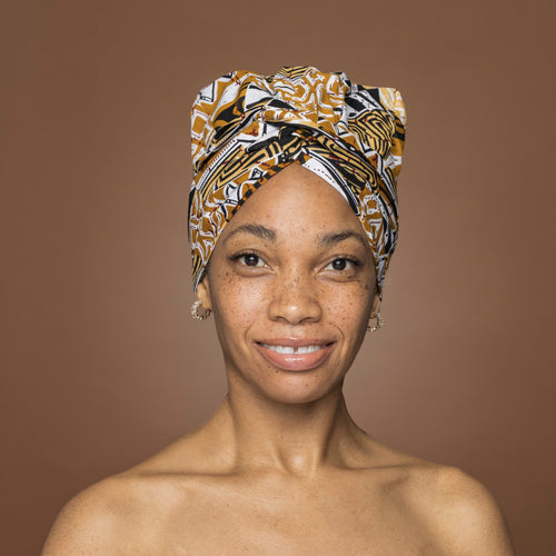 Turban facile - Bonnet en satin - Kaki Bogolan Mosaic