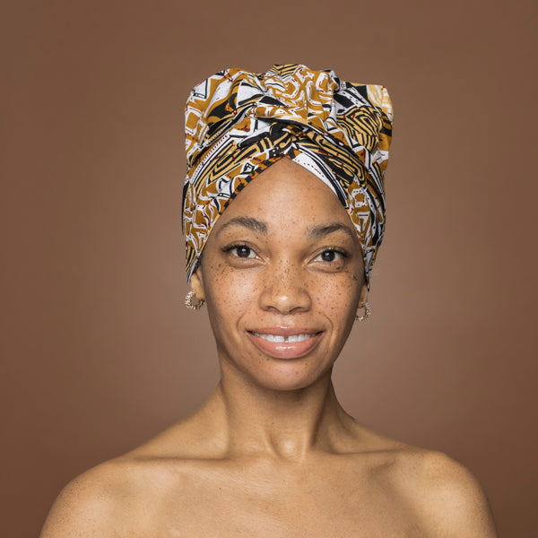 Turban facile - Bonnet en satin - Kaki Bogolan Mosaic