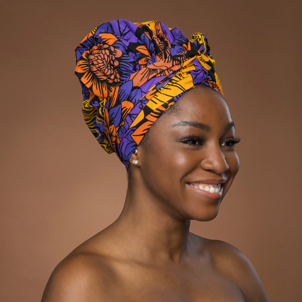 Turban facile - Bonnet en satin - Jaune & Violet Fleurs