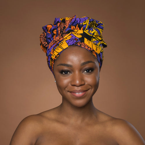 Turban facile - Bonnet en satin - Jaune & Violet Fleurs