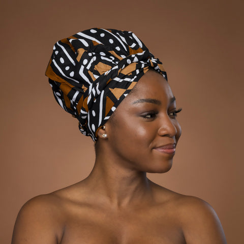 Turban facile - Bonnet en satin - Marron & Beige Bogolan