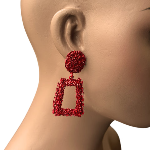 Rouge Grandes boucles d'oreilles à gouttes géométriques en métal