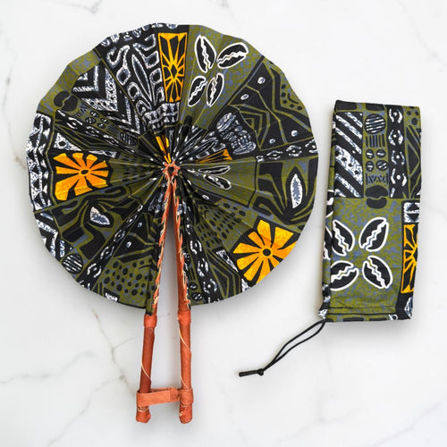 Eventail Africain - Eventail en Wax - Olive Moutarde Agyeman