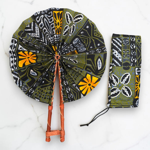 Eventail Africain - Eventail en Wax - Olive Moutarde Agyeman