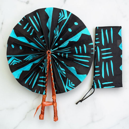 Eventail Africain - Eventail en Wax - Noir Turquoise Nyamekye