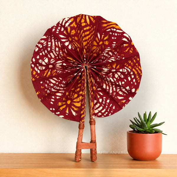 African Hand fan - Ankara print Hand fan - Burgundy Cream Kofi