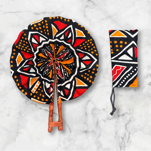 Eventail Africain - Eventail en Wax - Noir Rouge Yaw