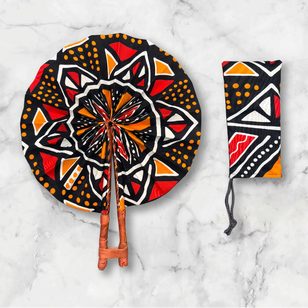 Eventail Africain - Eventail en Wax - Noir Rouge Yaw