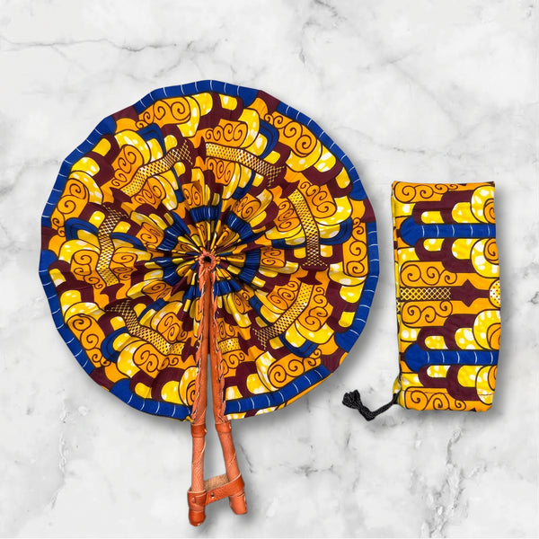 Eventail Africain - Eventail en Wax - Jaune Bleu Adeola