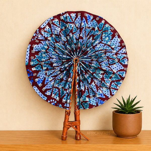 African Hand fan - Ankara print Hand fan - Maroon Light blue Antwi