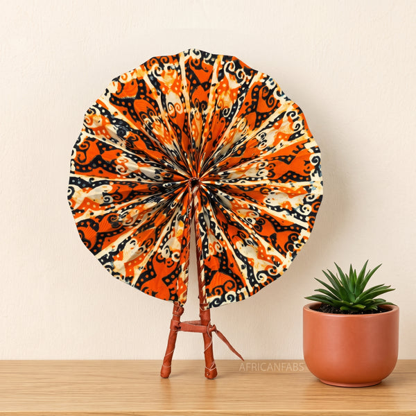 African Hand fan - Ankara print Hand fan - Orange Cream Folasade
