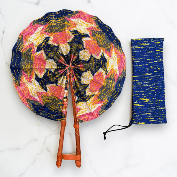 Eventail Africain - Eventail en Wax - Rose Bleu Ankomah