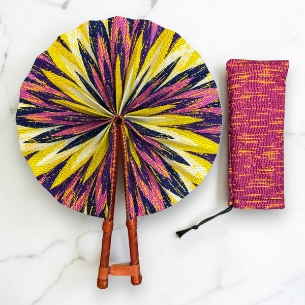 Eventail Africain - Eventail en Wax - Jaune Rose Amoako
