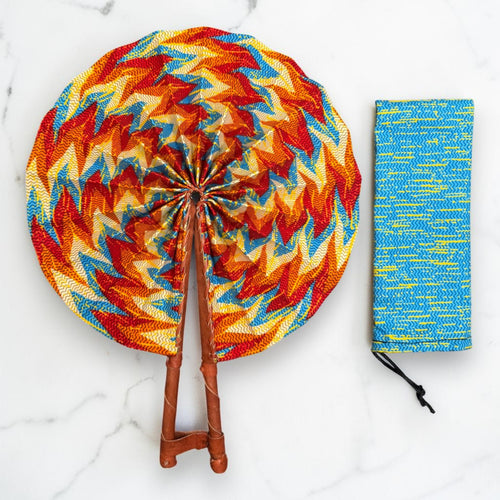 Eventail Africain - Eventail en Wax - Orange Bleu Ayim
