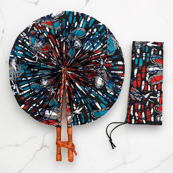 Eventail Africain - Eventail en Wax - Bleu Rouge Quartey