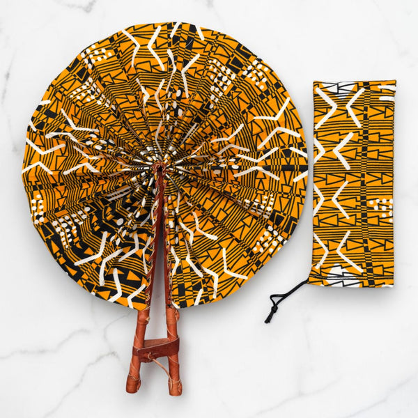 Eventail Africain - Eventail en Wax - Moutarde Noir Yeboah