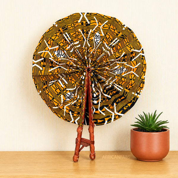 African Hand fan - Ankara print Hand fan - Mustard Black Yeboah