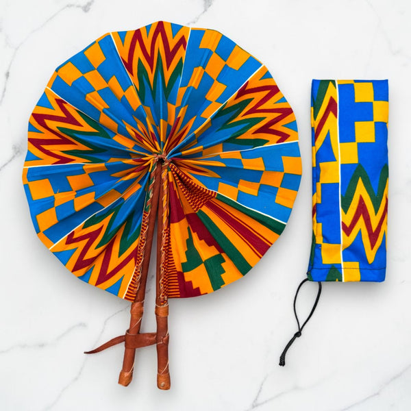Eventail Africain - Eventail en Wax - Bleu Orange Adomako