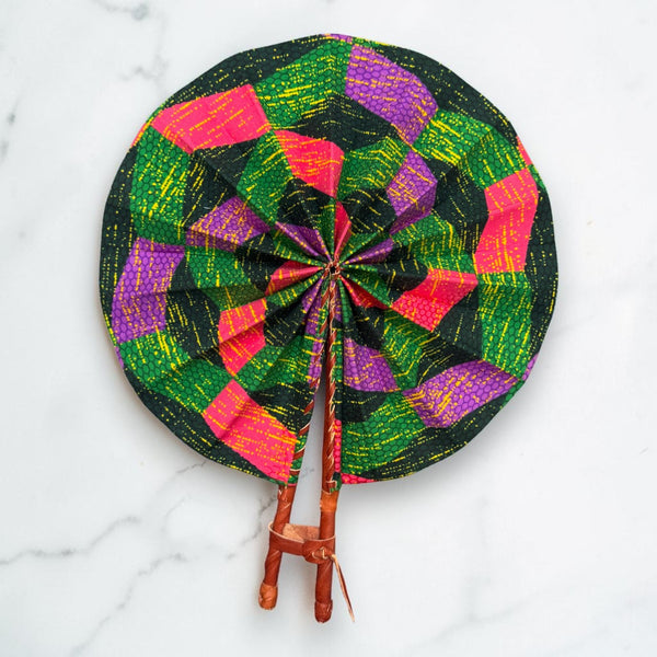 Eventail Africain - Eventail en Wax - Orange Vert Akuffo