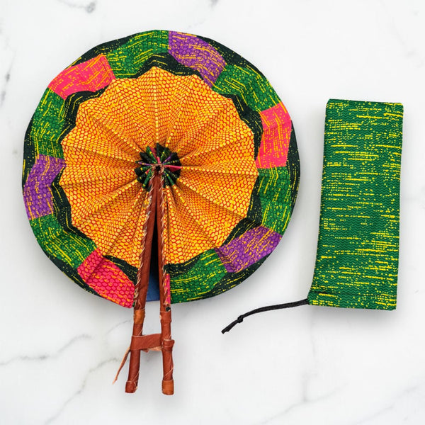 Eventail Africain - Eventail en Wax - Orange Vert Akuffo
