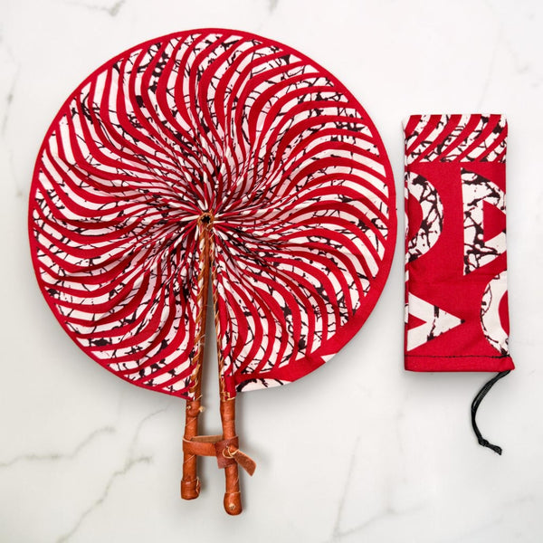 Eventail Africain - Eventail en Wax - Rouge Blanc Ansong