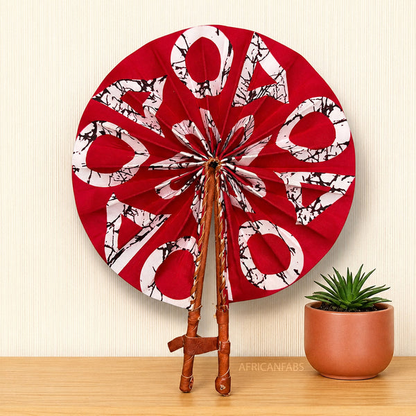 African Hand fan - Ankara print Hand fan - Red White Ansong