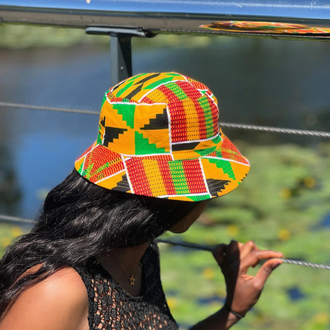 Chapeau bob / Bucket hat imprimé africain - kente jaune - tailles enfants et adultes (Unisexe)