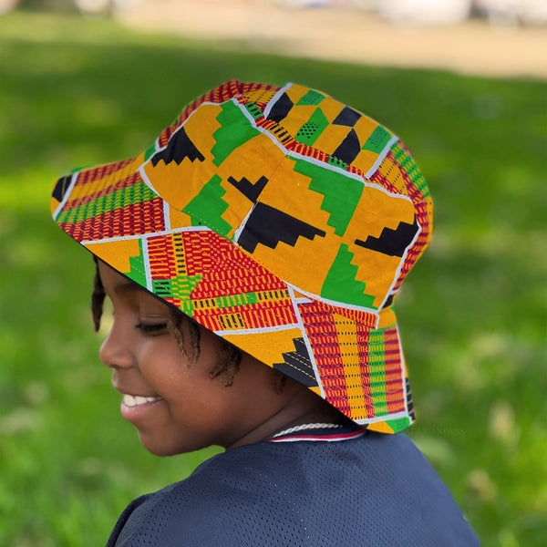 Chapeau bob / Bucket hat imprimé africain - kente jaune - tailles enfants et adultes (Unisexe)