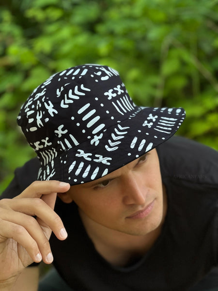 Chapeau bob / Bucket hat imprimé africain - Noir Blanc Bogolan - tailles enfants (Unisexe)