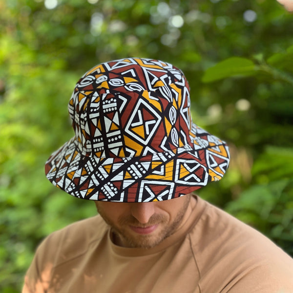 Chapeau bob / Bucket hat imprimé africain - Moutarde Bogolan - tailles enfants et adultes (Unisexe)