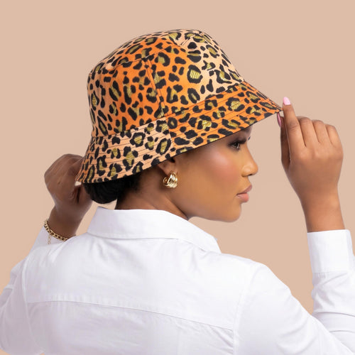 Chapeau bob / Bucket hat imprimé africain - Orange Pêche Leopard Spots - tailles enfants et adultes (Unisexe)