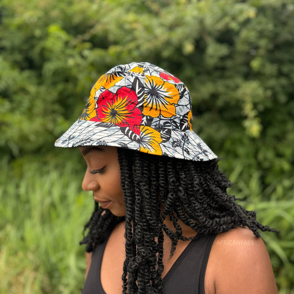 Chapeau bob / Bucket hat imprimé africain - Gris clair Flowers - tailles enfants et adultes (Unisexe)