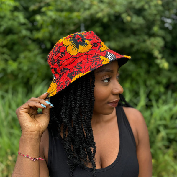 Chapeau bob / Bucket hat imprimé africain -Rouge Flowers - tailles enfants et adultes (Unisexe)