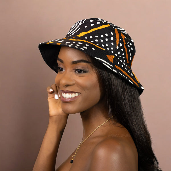 Chapeau bob / Bucket hat imprimé africain - Noir / orange - tailles enfants et adultes (Unisexe)