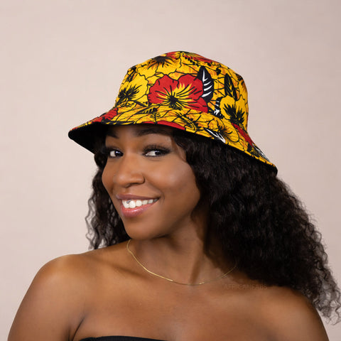 Chapeau bob / Bucket hat imprimé africain - Jaune Flowers - tailles enfants et adultes (Unisexe)