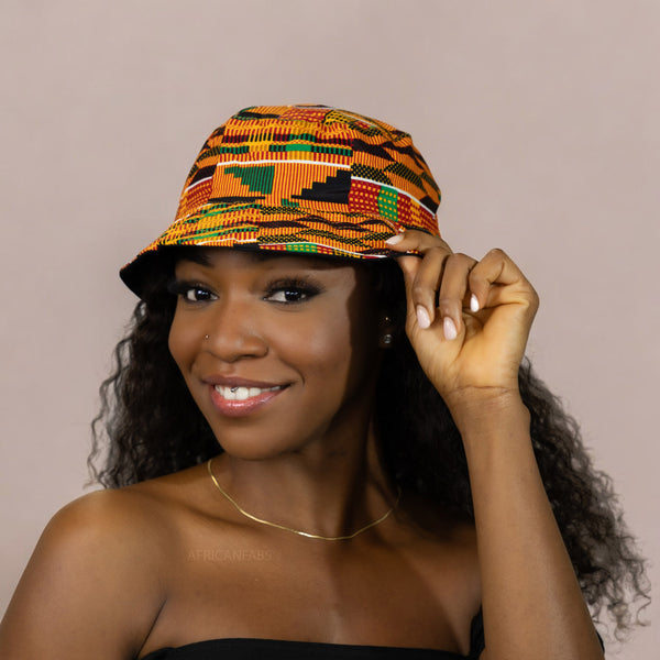 Chapeau bob / Bucket hat imprimé africain - Kente Orange / vert - tailles enfants et adultes (Unisexe)