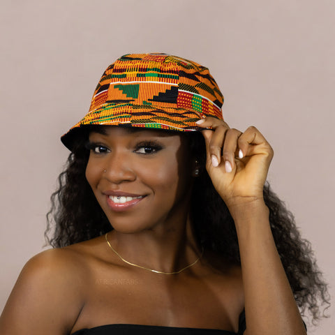 Chapeau bob / Bucket hat imprimé africain - Kente Orange / vert - tailles enfants et adultes (Unisexe)