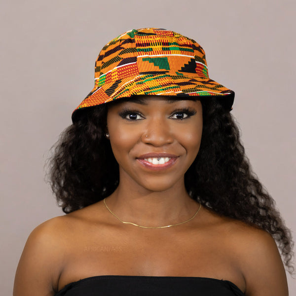 Chapeau bob / Bucket hat imprimé africain - Kente Orange / vert - tailles enfants et adultes (Unisexe)