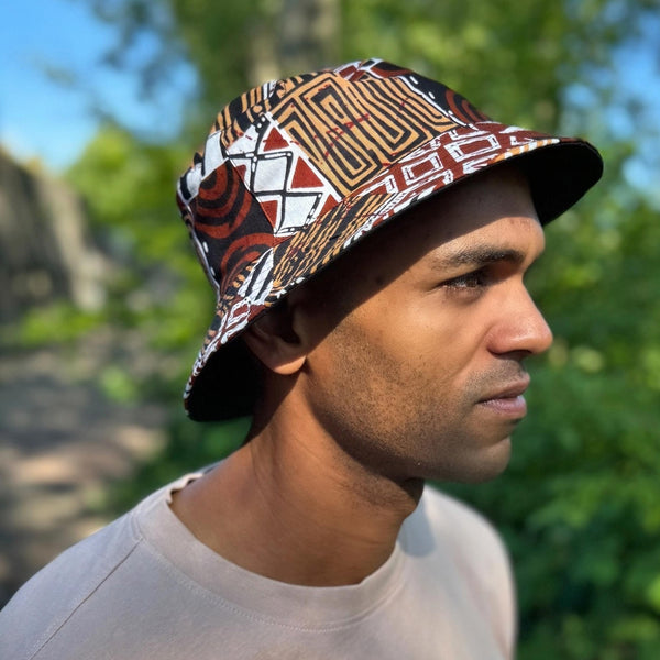 Chapeau bob / Bucket hat imprimé africain - Marron Bogolan Mosaic - tailles enfants et adultes (Unisexe)