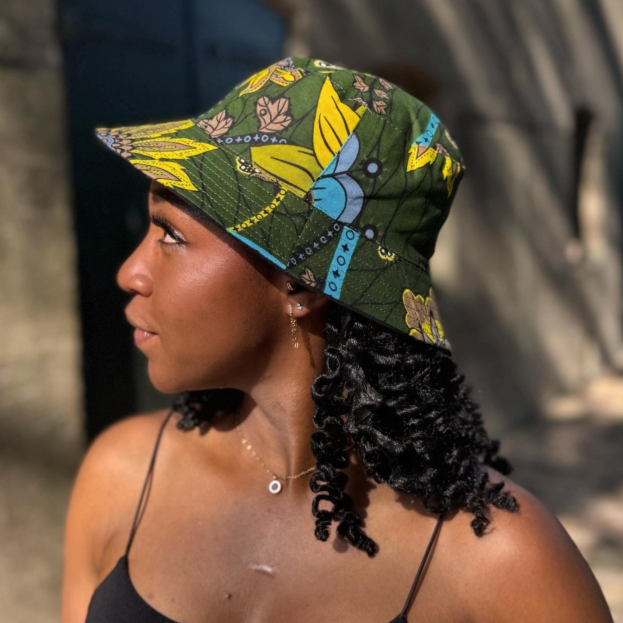 Chapeau bob / Bucket hat imprimé africain - Vert foncé & Jaune Botanical Flow - tailles enfants et adultes (Unisexe)