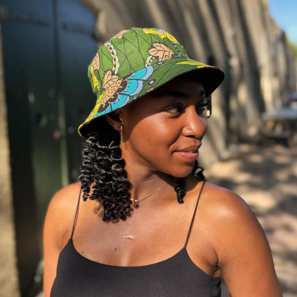 Chapeau bob / Bucket hat imprimé africain - Vert foncé & Jaune Botanical Flow - tailles enfants et adultes (Unisexe)