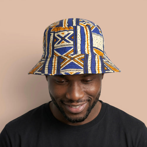 Chapeau bob / Bucket hat imprimé africain - Bleu Bogolan Heritage - tailles enfants et adultes (Unisexe)