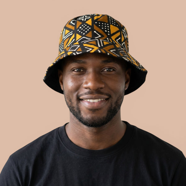 Chapeau bob / Bucket hat imprimé africain - Marron Bogolan Geometry - tailles enfants et adultes (Unisexe)